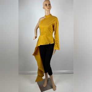 Stylish Mustard Yellow Asymmetrical Ruffle Peplum Top